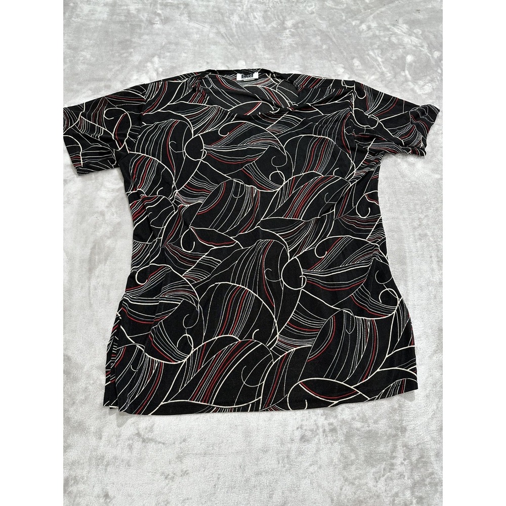 Cleo Shirt Blouse Women's Size XL Black Designer Short Sleeve Round Neck EUC